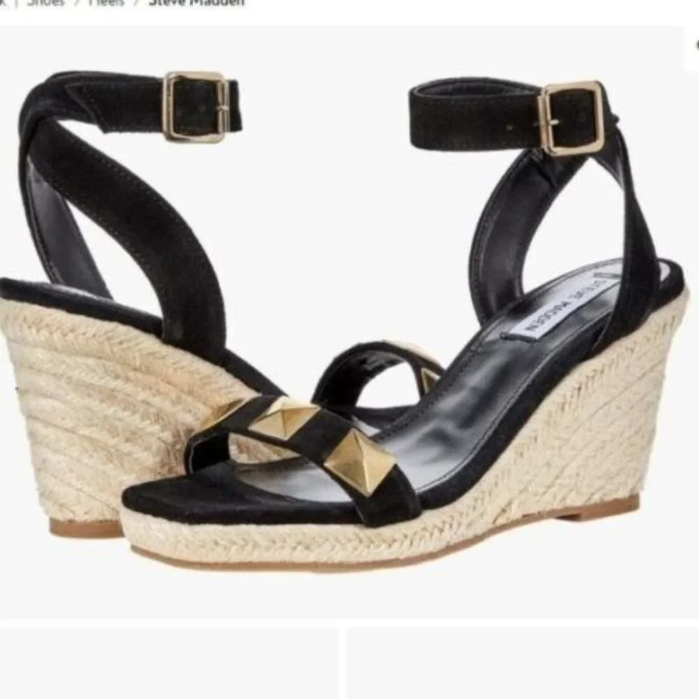 Steve Madden Sunty Studded Suede Wedge Espadrilles Sandals Black Size 9.…